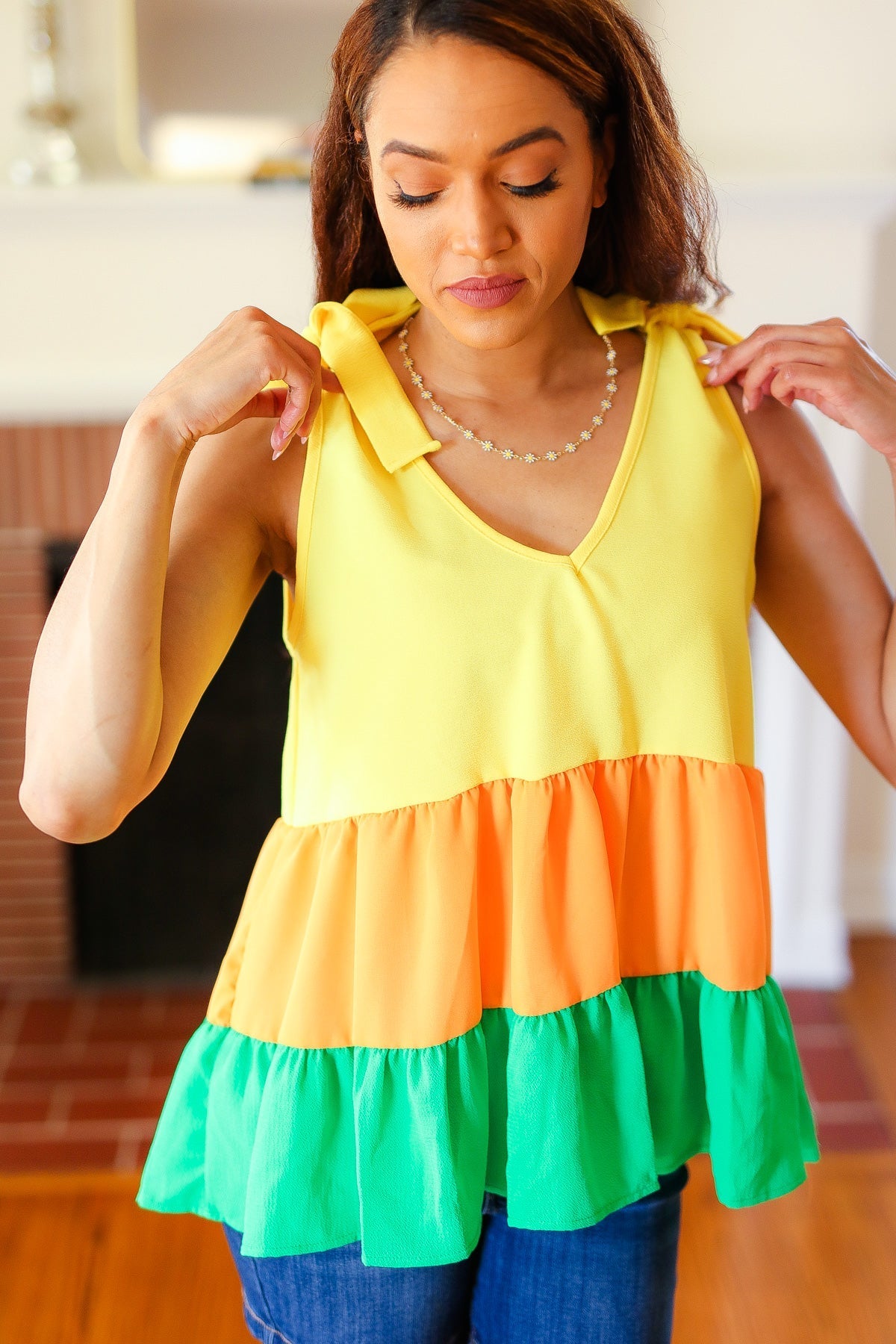 Yellow & Tangerine Tiered Shoulder Tie Crepe Top - Bitsy Gypsy Boutique