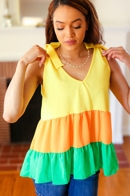 Yellow & Tangerine Tiered Shoulder Tie Crepe Top - Bitsy Gypsy Boutique