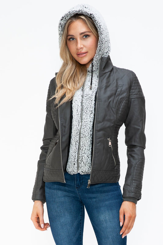 YMI Faux Layered Double - Zipper Jacket with Fuzzy Hood - Bitsy Gypsy Boutique
