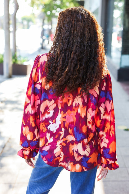 You Got This Wine Floral Print Print Frill Mock Neck Top - Bitsy Gypsy Boutique