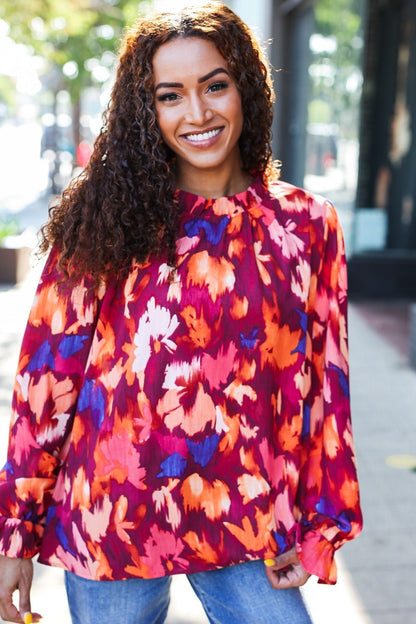 You Got This Wine Floral Print Print Frill Mock Neck Top - Bitsy Gypsy Boutique