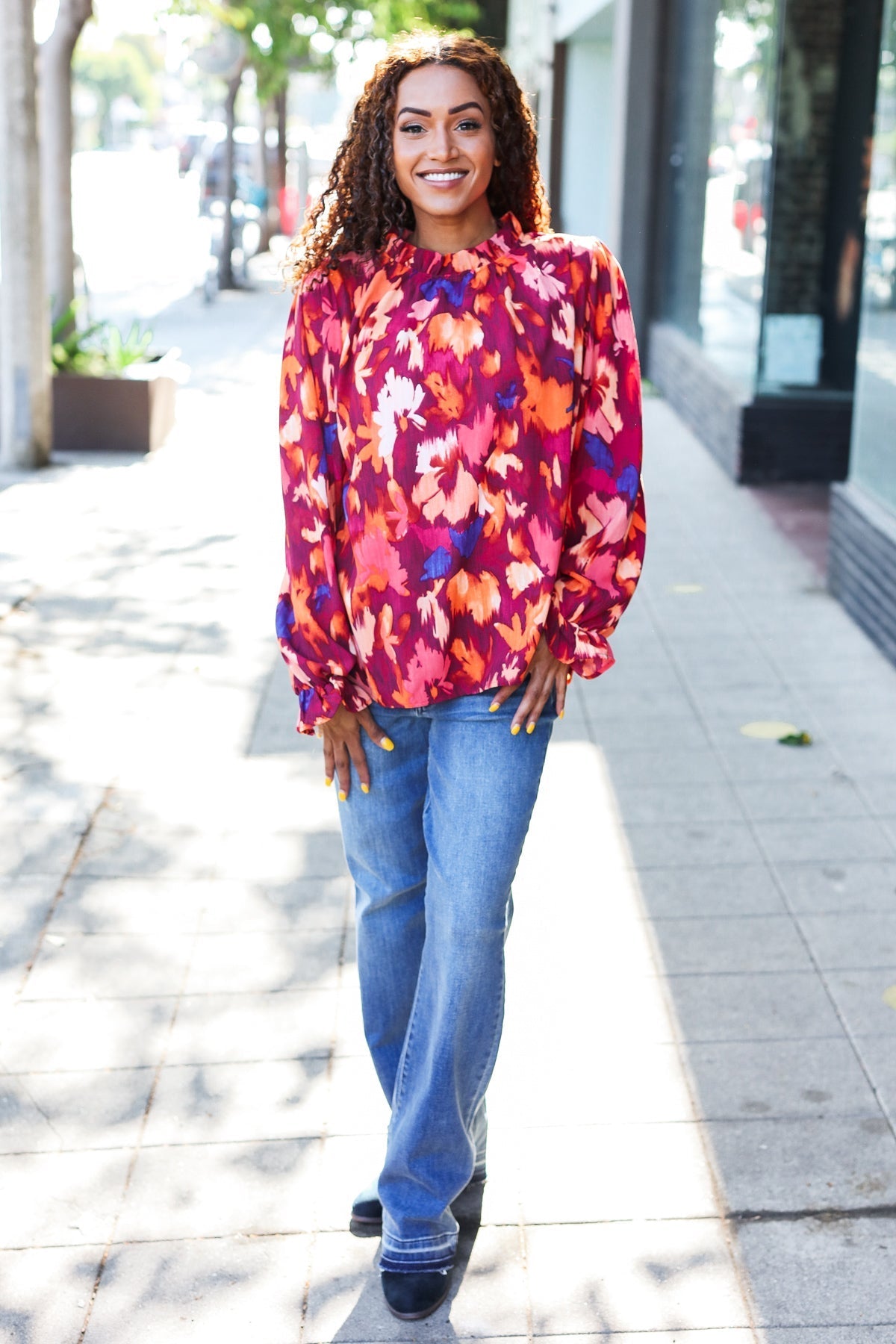 You Got This Wine Floral Print Print Frill Mock Neck Top - Bitsy Gypsy Boutique