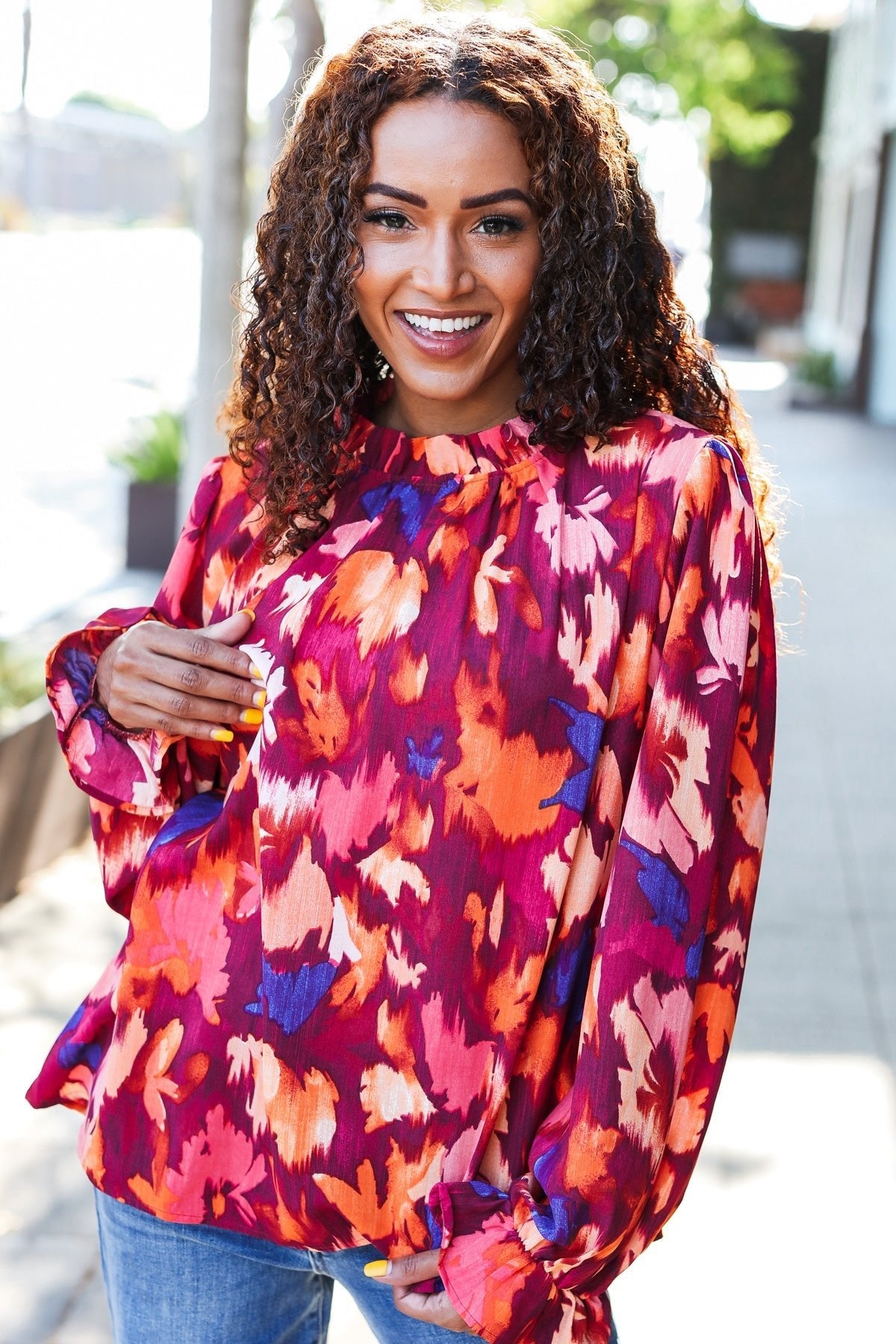 You Got This Wine Floral Print Print Frill Mock Neck Top - Bitsy Gypsy Boutique