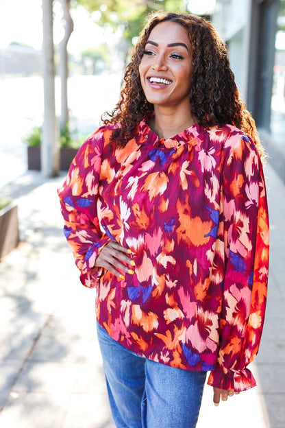 You Got This Wine Floral Print Print Frill Mock Neck Top - Bitsy Gypsy Boutique