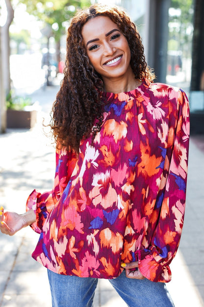 You Got This Wine Floral Print Print Frill Mock Neck Top - Bitsy Gypsy Boutique