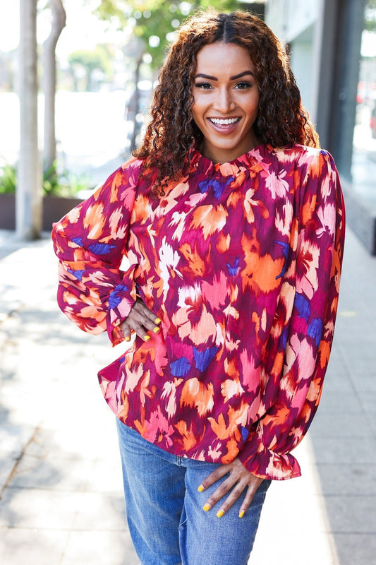 You Got This Wine Floral Print Print Frill Mock Neck Top - Bitsy Gypsy Boutique