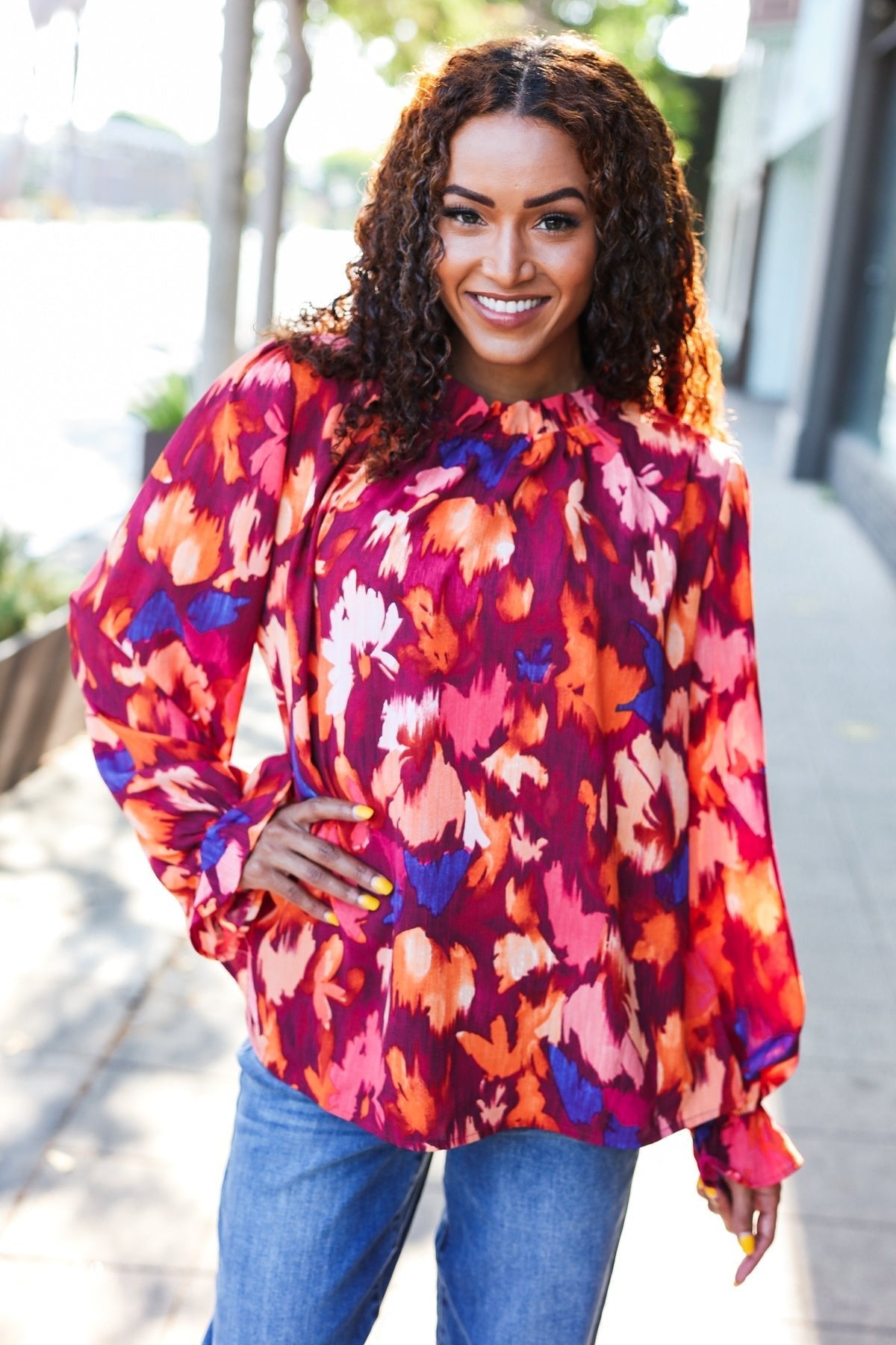 You Got This Wine Floral Print Print Frill Mock Neck Top - Bitsy Gypsy Boutique