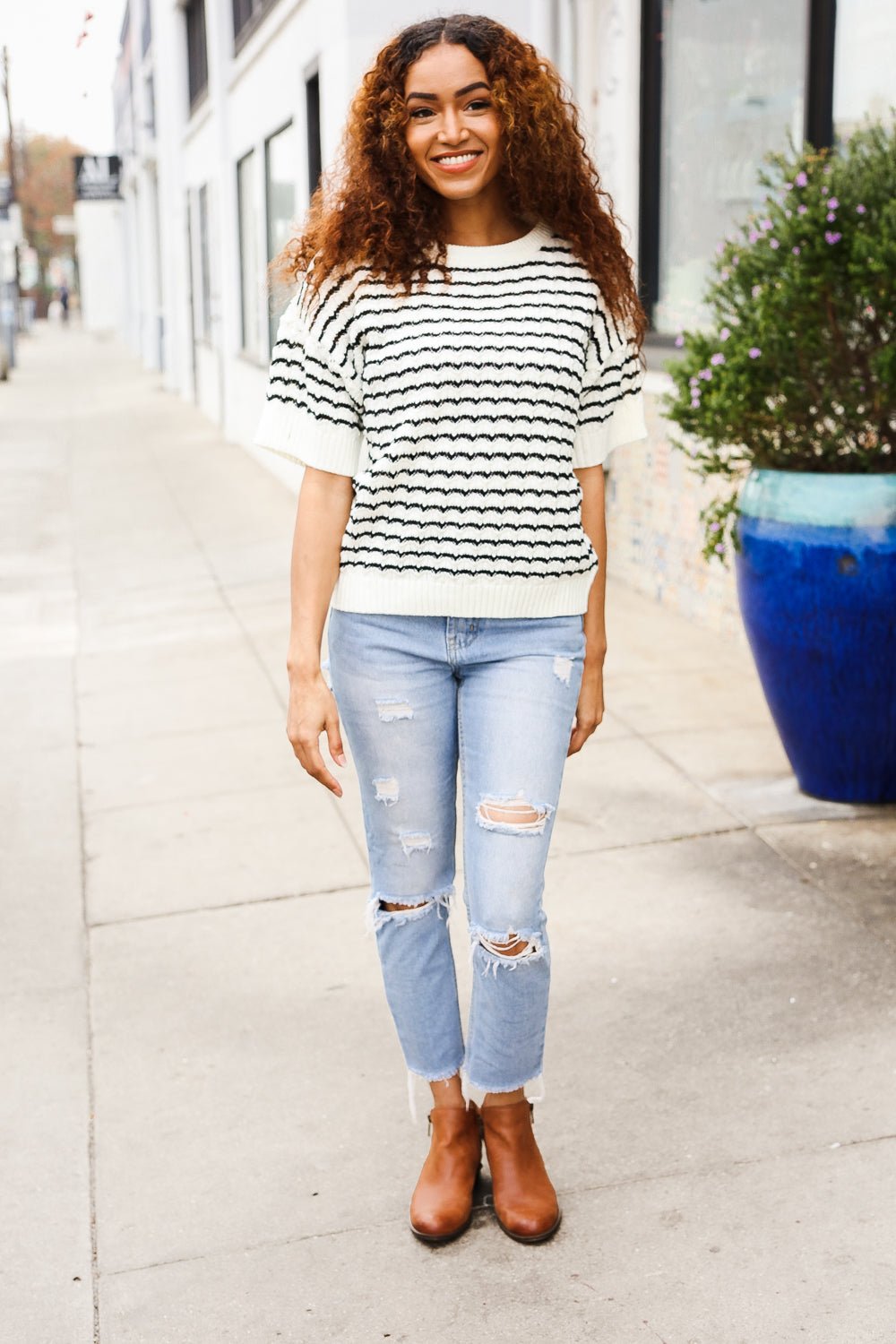 You've Got This Ivory & Black Wavy Stripe Pattern Sweater Top - Bitsy Gypsy Boutique