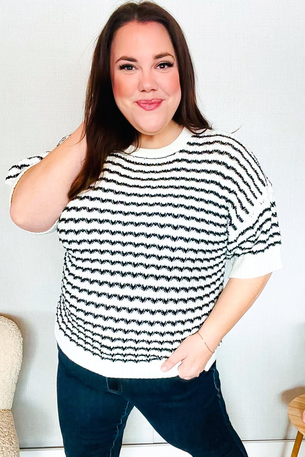 You've Got This Ivory & Black Wavy Stripe Pattern Sweater Top - Bitsy Gypsy Boutique