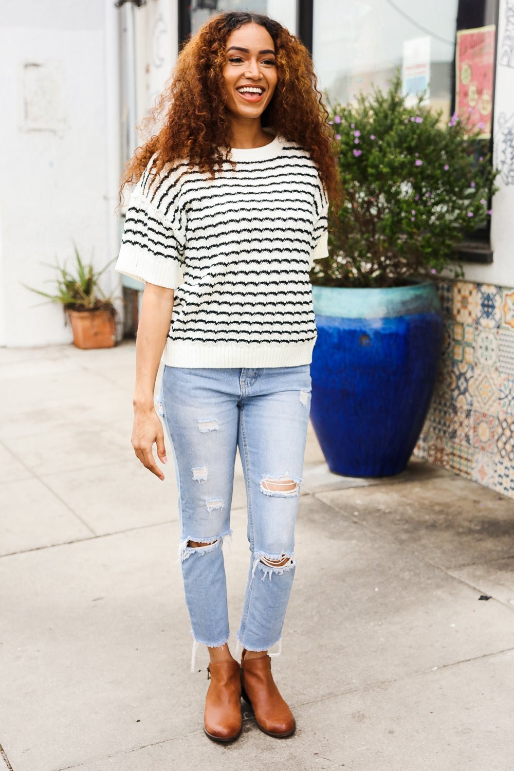You've Got This Ivory & Black Wavy Stripe Pattern Sweater Top - Bitsy Gypsy Boutique