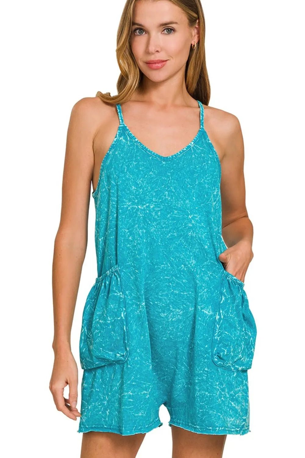 Zenana Acid Crinkle Washed Spaghetti Strap Romper - Bitsy Gypsy Boutique