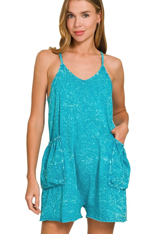 Zenana Acid Crinkle Washed Spaghetti Strap Romper - Bitsy Gypsy Boutique