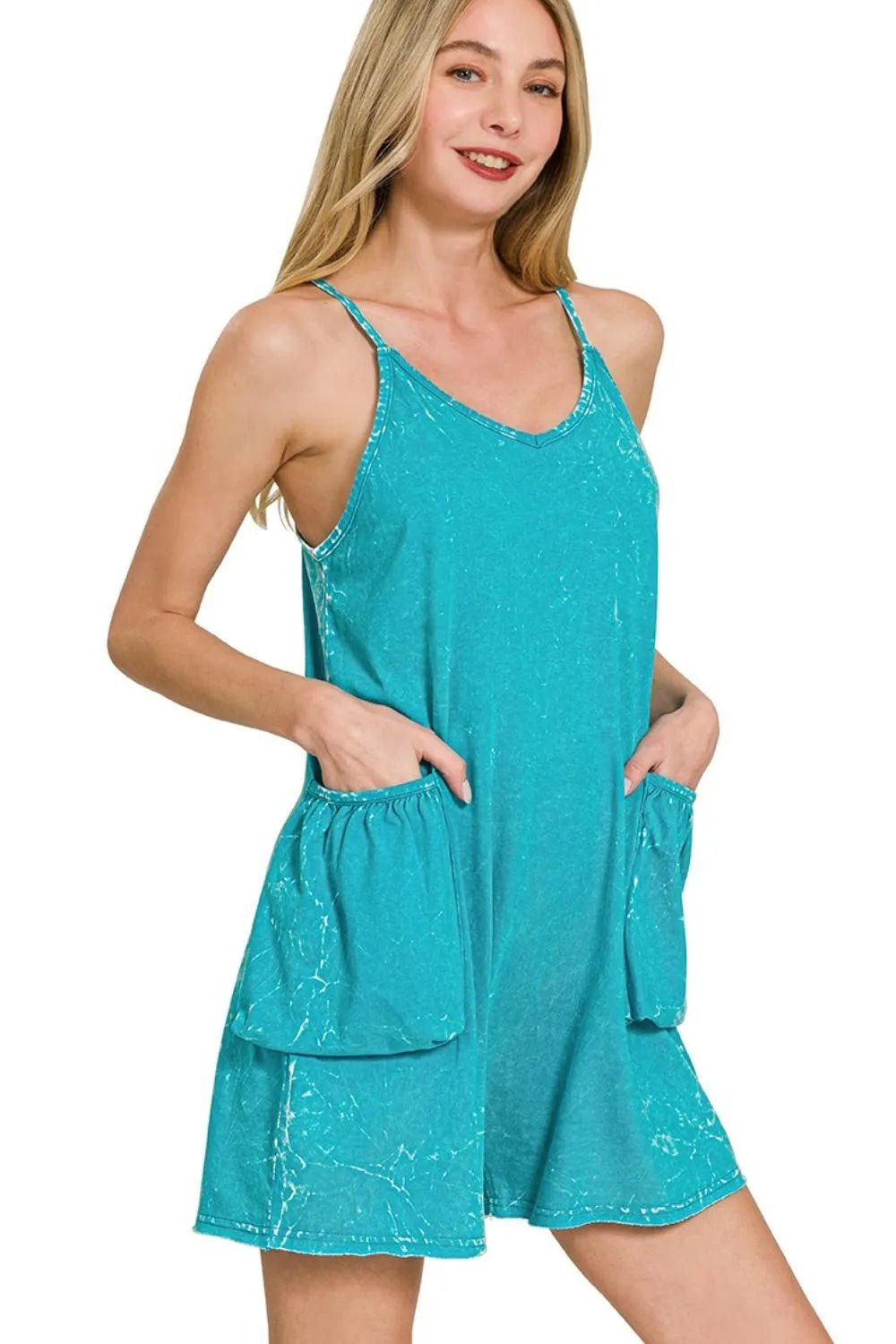 Zenana Acid Crinkle Washed Spaghetti Strap Romper - Bitsy Gypsy Boutique