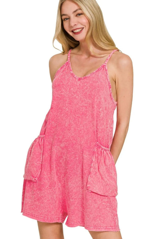 Zenana Acid Crinkle Washed Spaghetti Strap Romper - Bitsy Gypsy Boutique