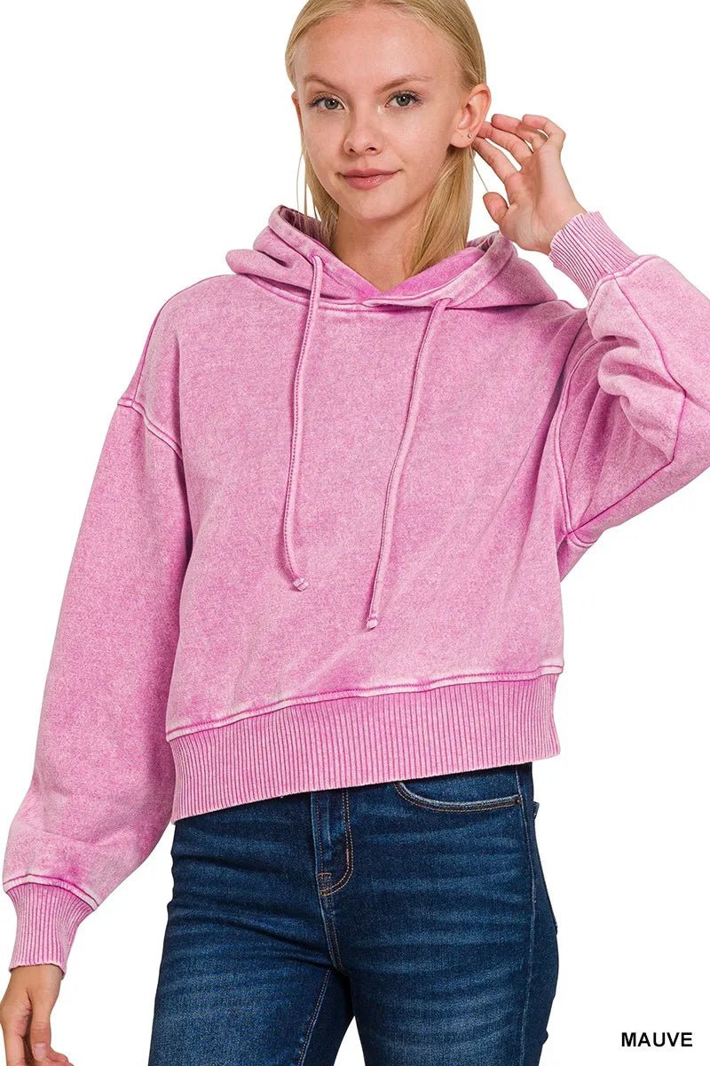 Zenana Acid Wash Fleece Drawstring Cropped Hoodie - Bitsy Gypsy Boutique