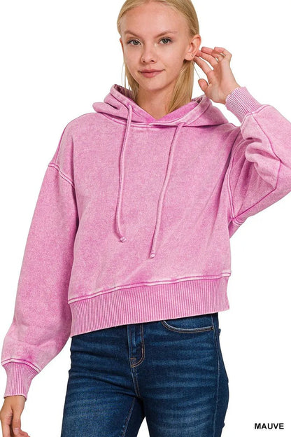 Zenana Acid Wash Fleece Drawstring Cropped Hoodie - Bitsy Gypsy Boutique