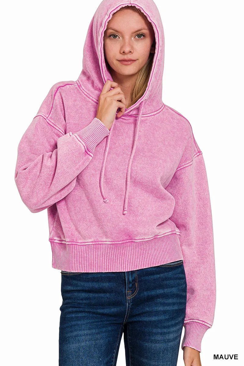Zenana Acid Wash Fleece Drawstring Cropped Hoodie - Bitsy Gypsy Boutique