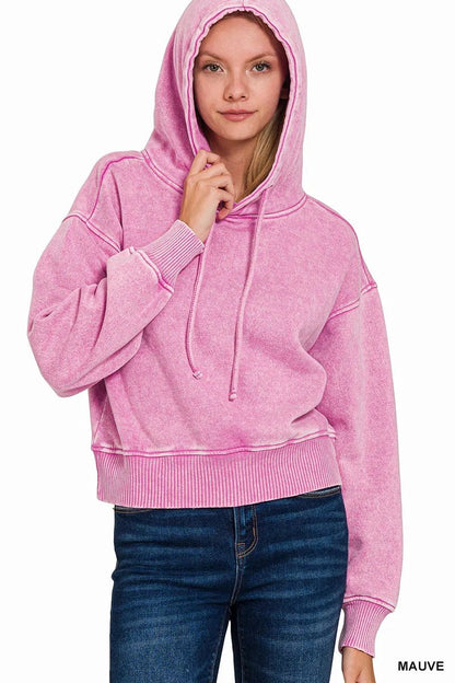Zenana Acid Wash Fleece Drawstring Cropped Hoodie - Bitsy Gypsy Boutique