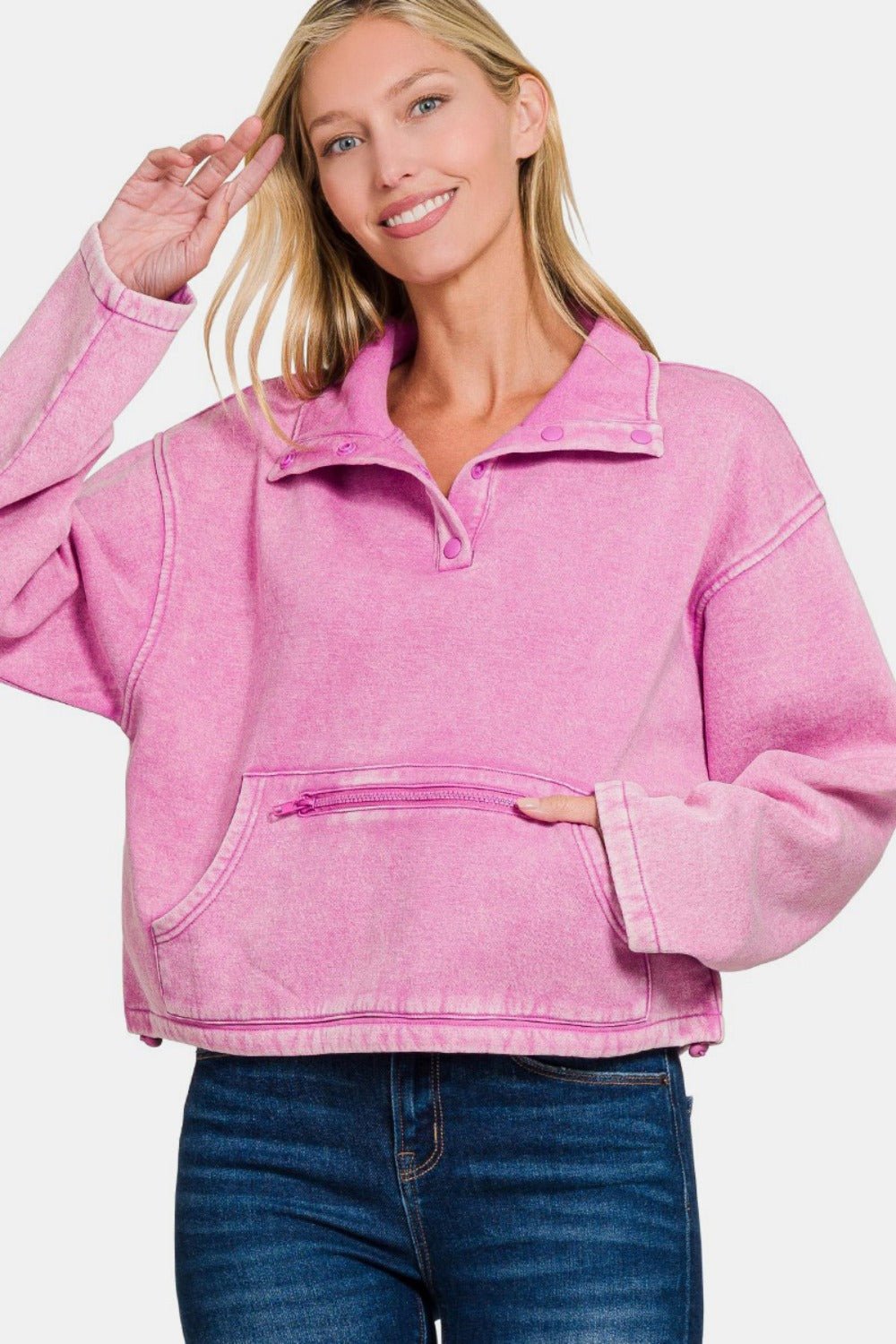 Zenana Acid Wash Fleece Half Snap Sweatshirt with Pocket - Bitsy Gypsy Boutique