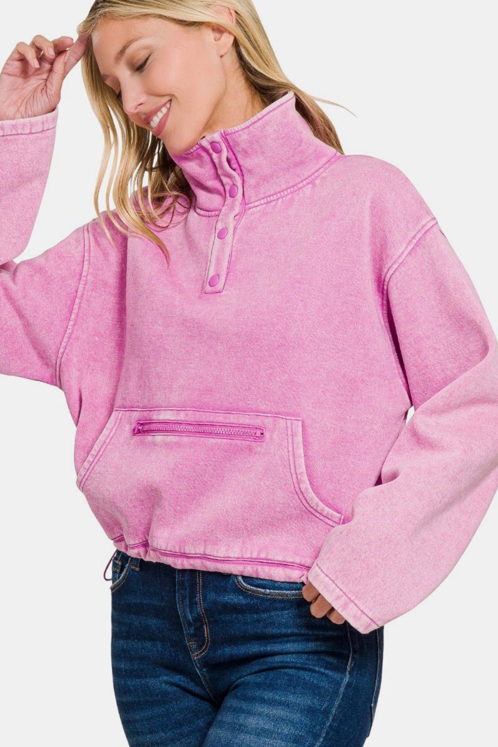 Zenana Acid Wash Fleece Half Snap Sweatshirt with Pocket - Bitsy Gypsy Boutique