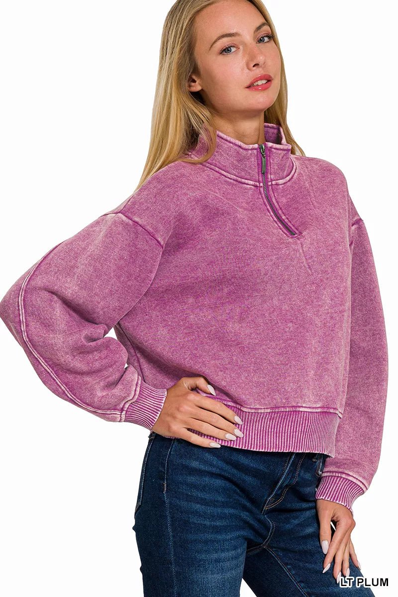 Zenana Acid Wash Fleece Half Zip Sweatshirt - Bitsy Gypsy Boutique