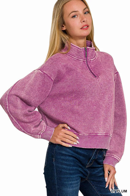 Zenana Acid Wash Fleece Half Zip Sweatshirt - Bitsy Gypsy Boutique