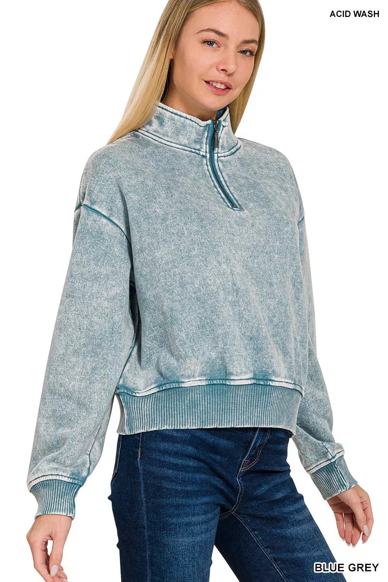 Zenana Acid Wash Fleece Half Zip Sweatshirt - Bitsy Gypsy Boutique