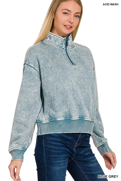 Zenana Acid Wash Fleece Half Zip Sweatshirt - Bitsy Gypsy Boutique