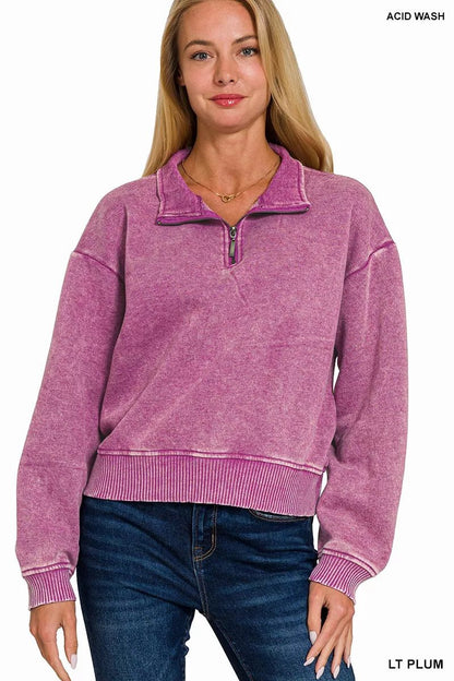Zenana Acid Wash Fleece Half Zip Sweatshirt - Bitsy Gypsy Boutique