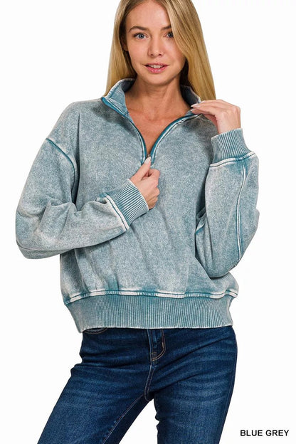 Zenana Acid Wash Fleece Half Zip Sweatshirt - Bitsy Gypsy Boutique