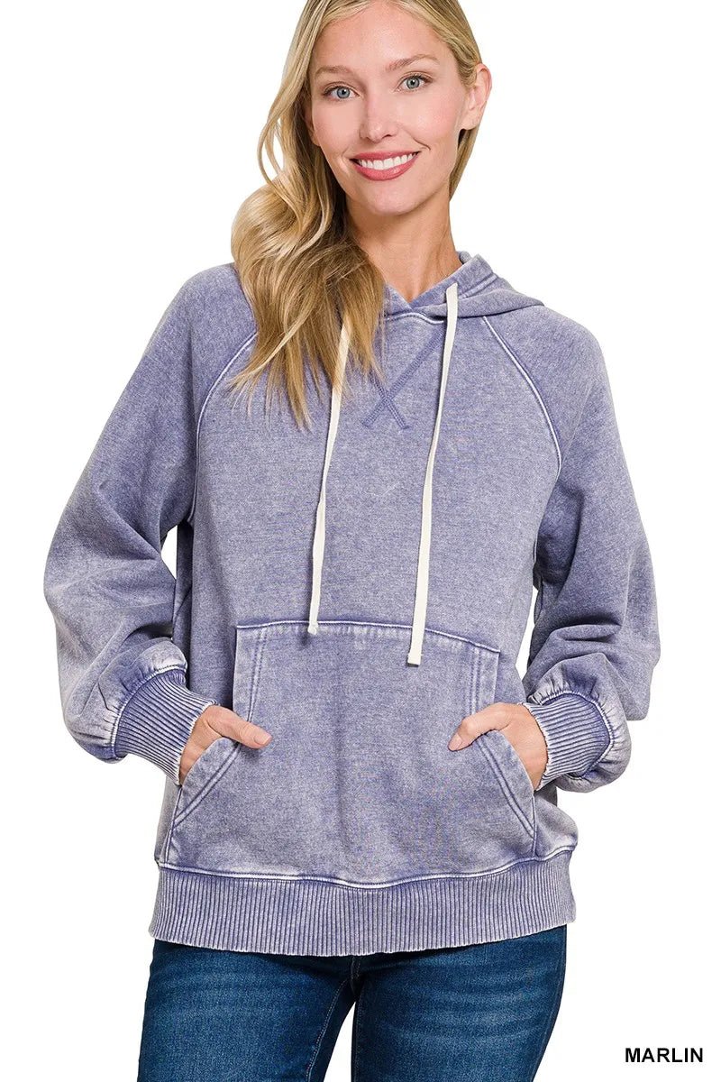 Zenana Acid Wash Fleece Hoodie with Kangaroo Pocket - Bitsy Gypsy Boutique