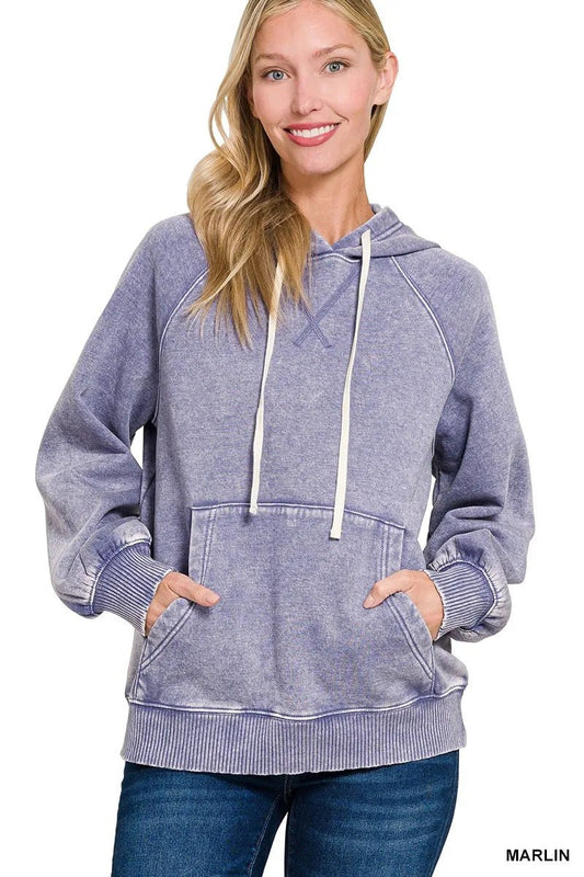 Zenana Acid Wash Fleece Hoodie with Kangaroo Pocket - Bitsy Gypsy Boutique