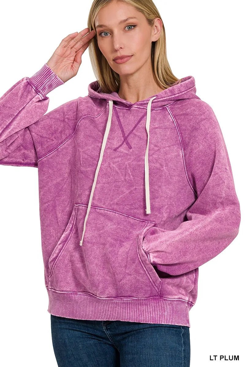 Zenana Acid Wash Fleece Hoodie with Kangaroo Pocket - Bitsy Gypsy Boutique