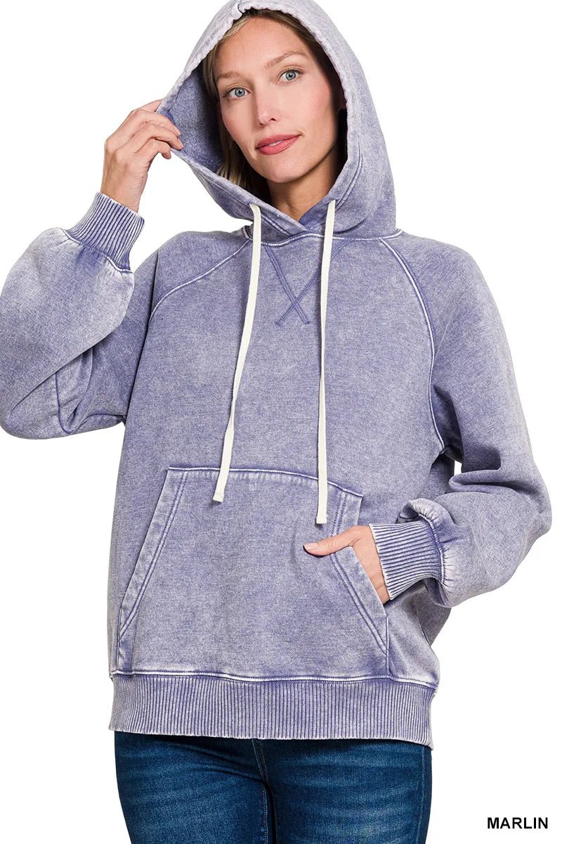 Zenana Acid Wash Fleece Hoodie with Kangaroo Pocket - Bitsy Gypsy Boutique
