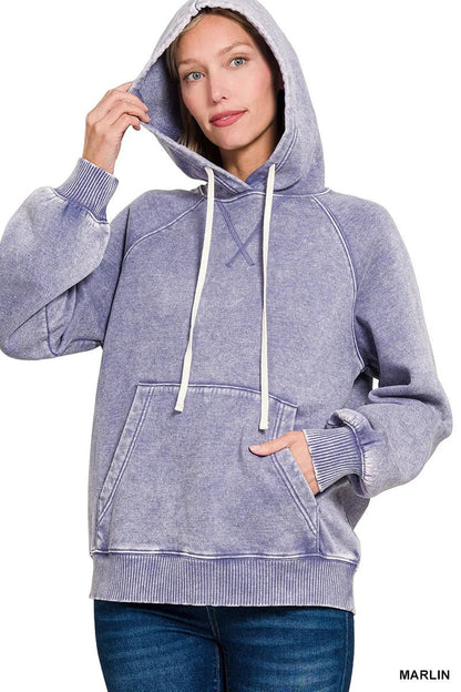 Zenana Acid Wash Fleece Hoodie with Kangaroo Pocket - Bitsy Gypsy Boutique