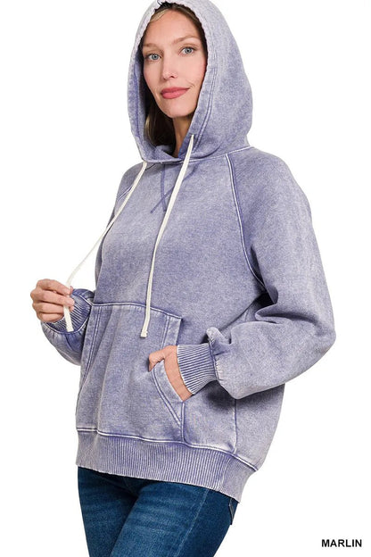 Zenana Acid Wash Fleece Hoodie with Kangaroo Pocket - Bitsy Gypsy Boutique