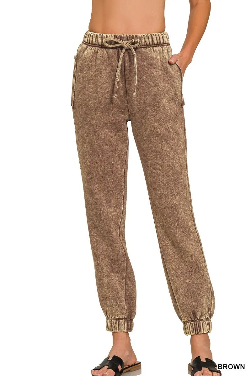Zenana Acid Wash Fleece Sweatpants with Pockets - Bitsy Gypsy Boutique
