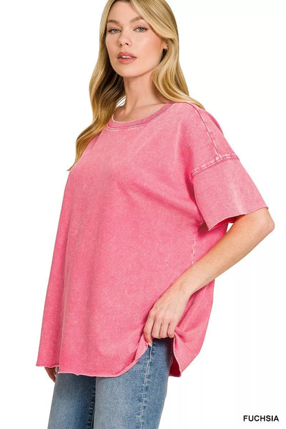 Zenana Acid Wash French Terry Drop Shoulder Raw Edge Top - Bitsy Gypsy Boutique