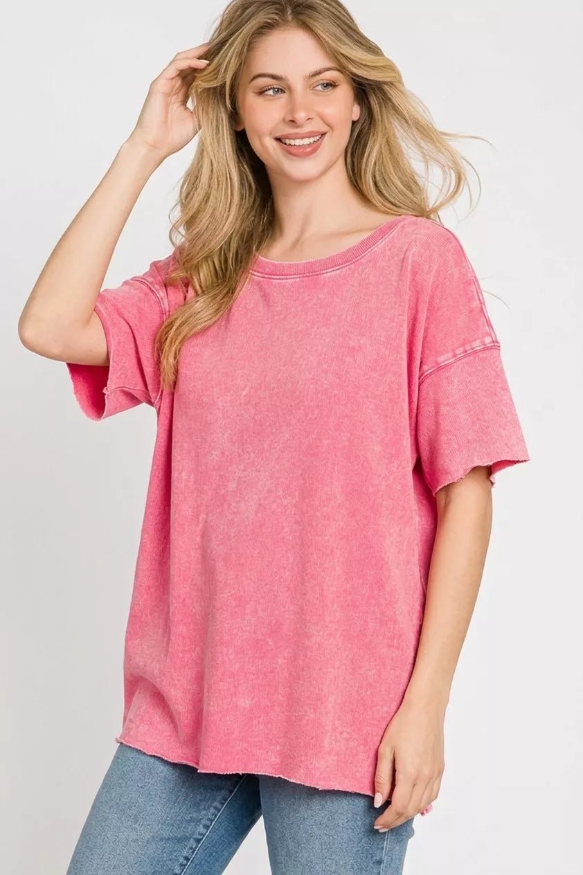 Zenana Acid Wash French Terry Drop Shoulder Raw Edge Top - Bitsy Gypsy Boutique