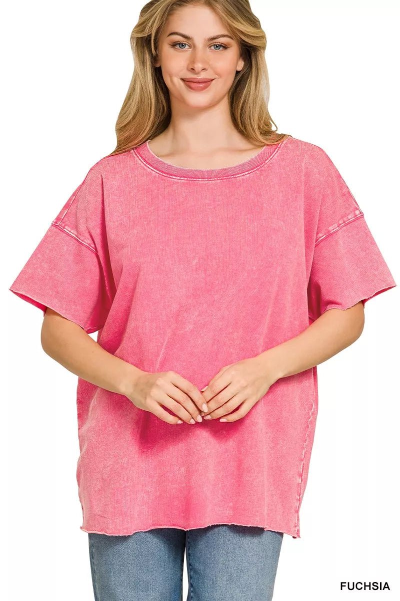 Zenana Acid Wash French Terry Drop Shoulder Raw Edge Top - Bitsy Gypsy Boutique