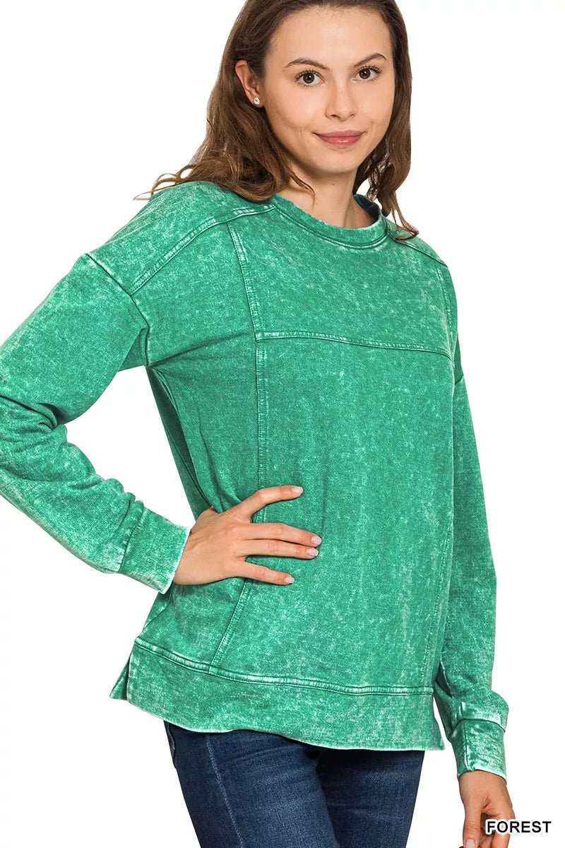 Zenana Acid Wash French Terry Exposed - Seam Pullover - Bitsy Gypsy Boutique