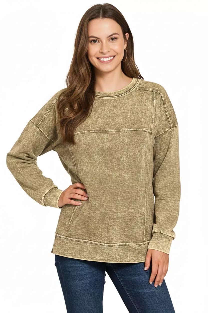 Zenana Acid Wash French Terry Exposed - Seam Pullover - Bitsy Gypsy Boutique