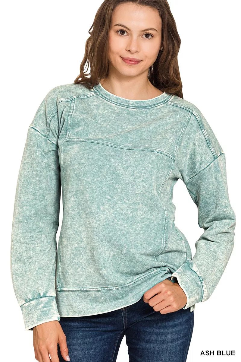 Zenana Acid Wash French Terry Exposed - Seam Pullover - Bitsy Gypsy Boutique