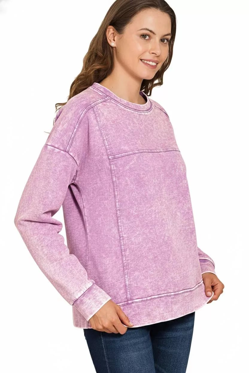Zenana Acid Wash French Terry Exposed - Seam Pullover - Bitsy Gypsy Boutique