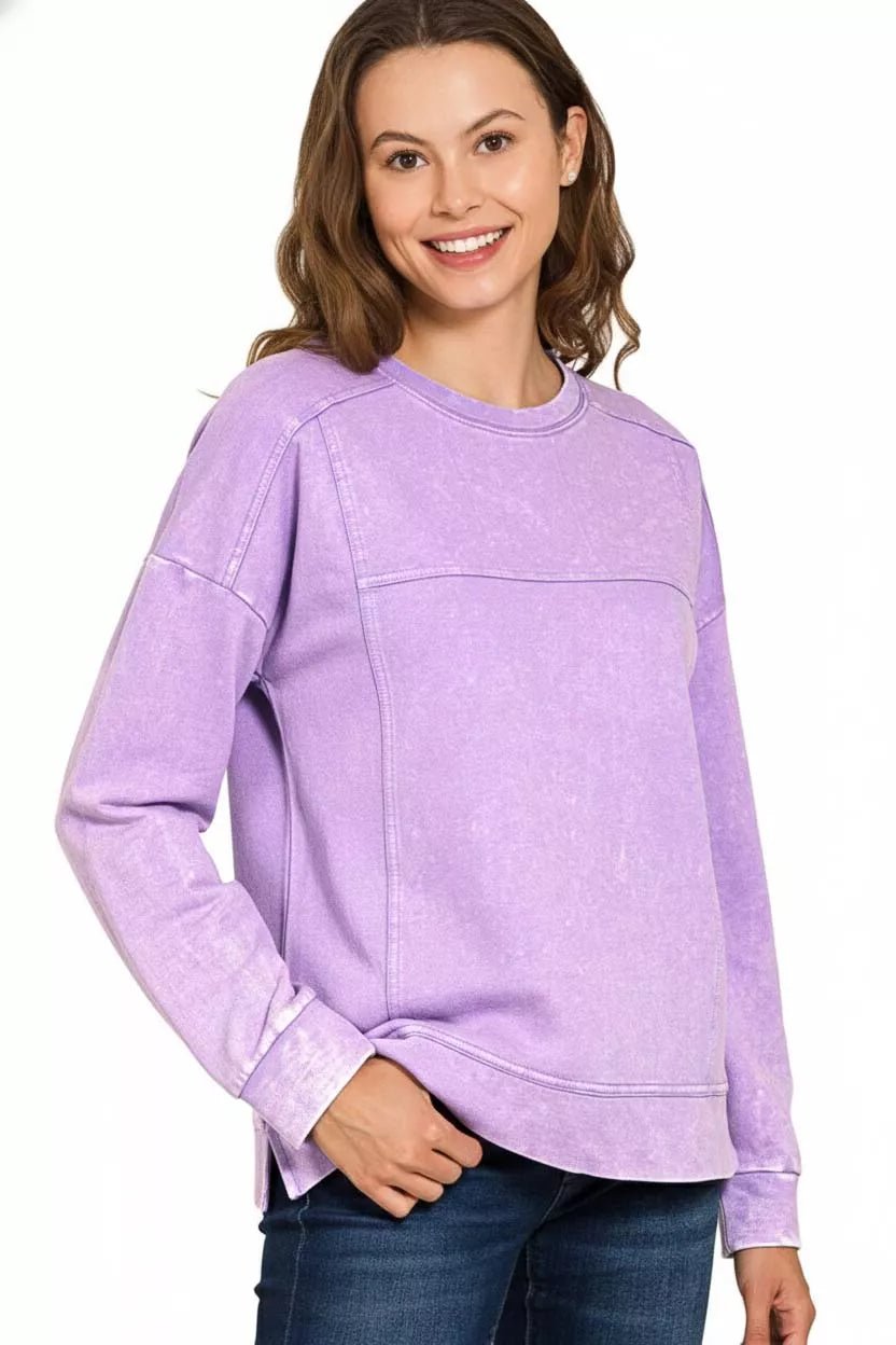 Zenana Acid Wash French Terry Exposed - Seam Pullover - Bitsy Gypsy Boutique