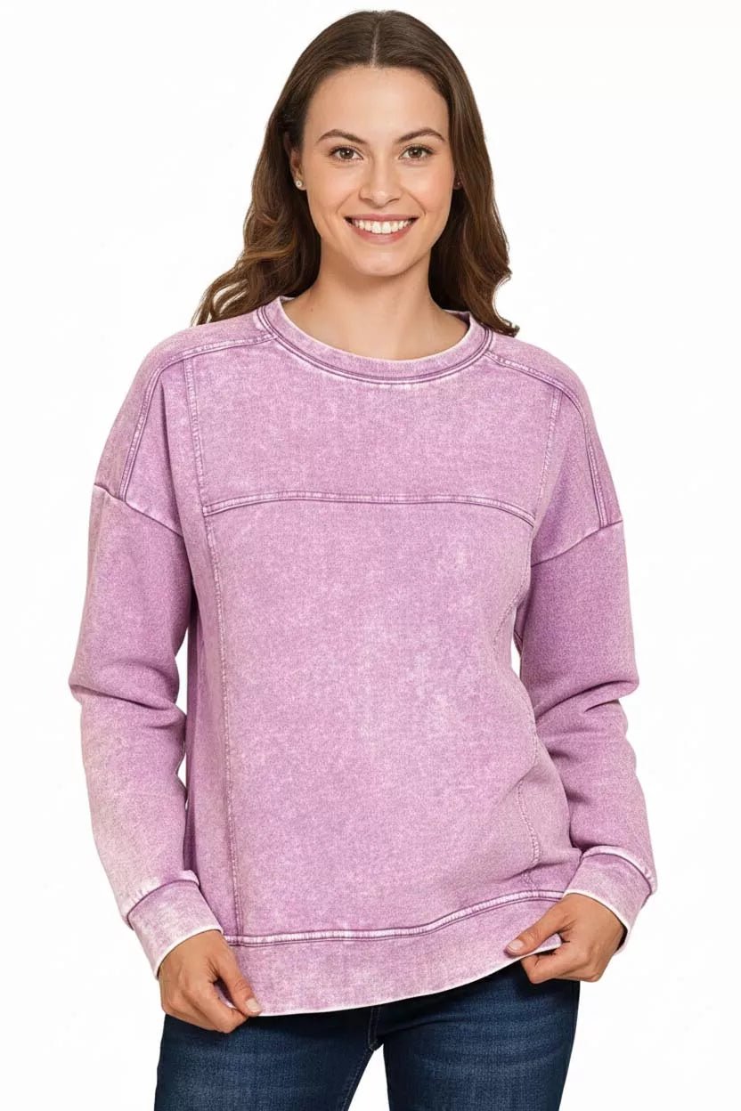 Zenana Acid Wash French Terry Exposed - Seam Pullover - Bitsy Gypsy Boutique