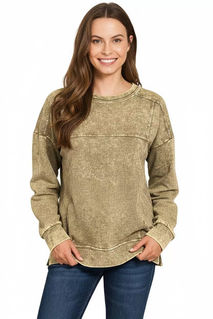Zenana Acid Wash French Terry Exposed - Seam Pullover - Bitsy Gypsy Boutique
