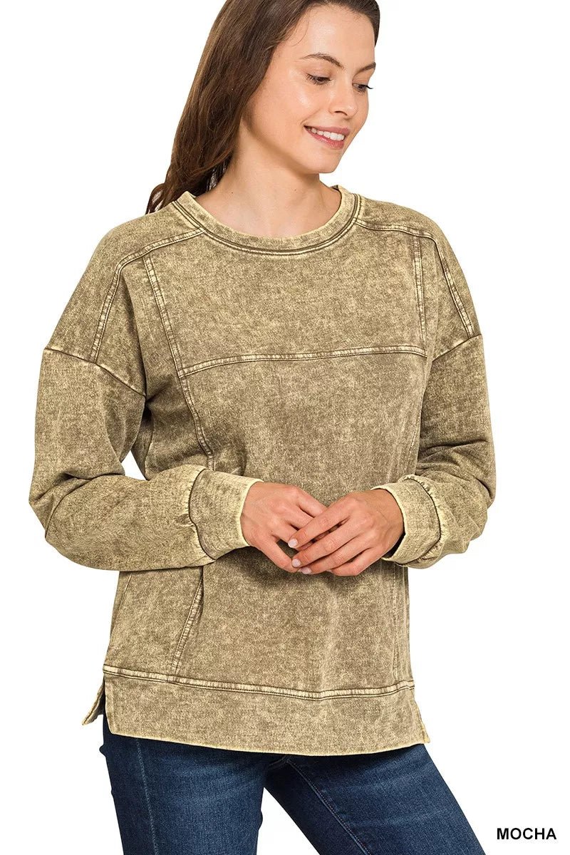 Zenana Acid Wash French Terry Exposed - Seam Pullover - Bitsy Gypsy Boutique