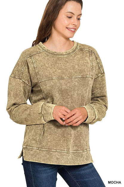 Zenana Acid Wash French Terry Exposed - Seam Pullover - Bitsy Gypsy Boutique