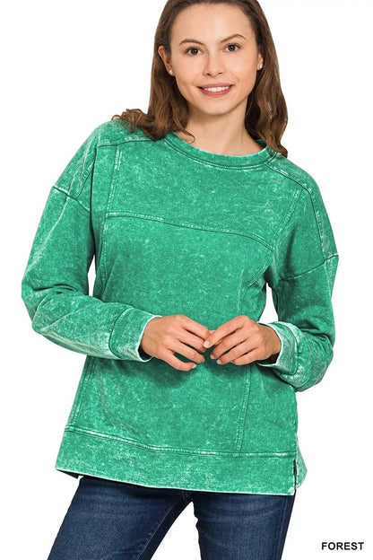 Zenana Acid Wash French Terry Exposed - Seam Pullover - Bitsy Gypsy Boutique